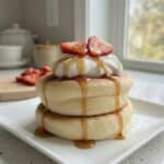 Stack of fluffy Japanese soufflé pancakes topped with whipped cream, syrup, and fresh strawberries, styled as a light and airy brunch recipe.