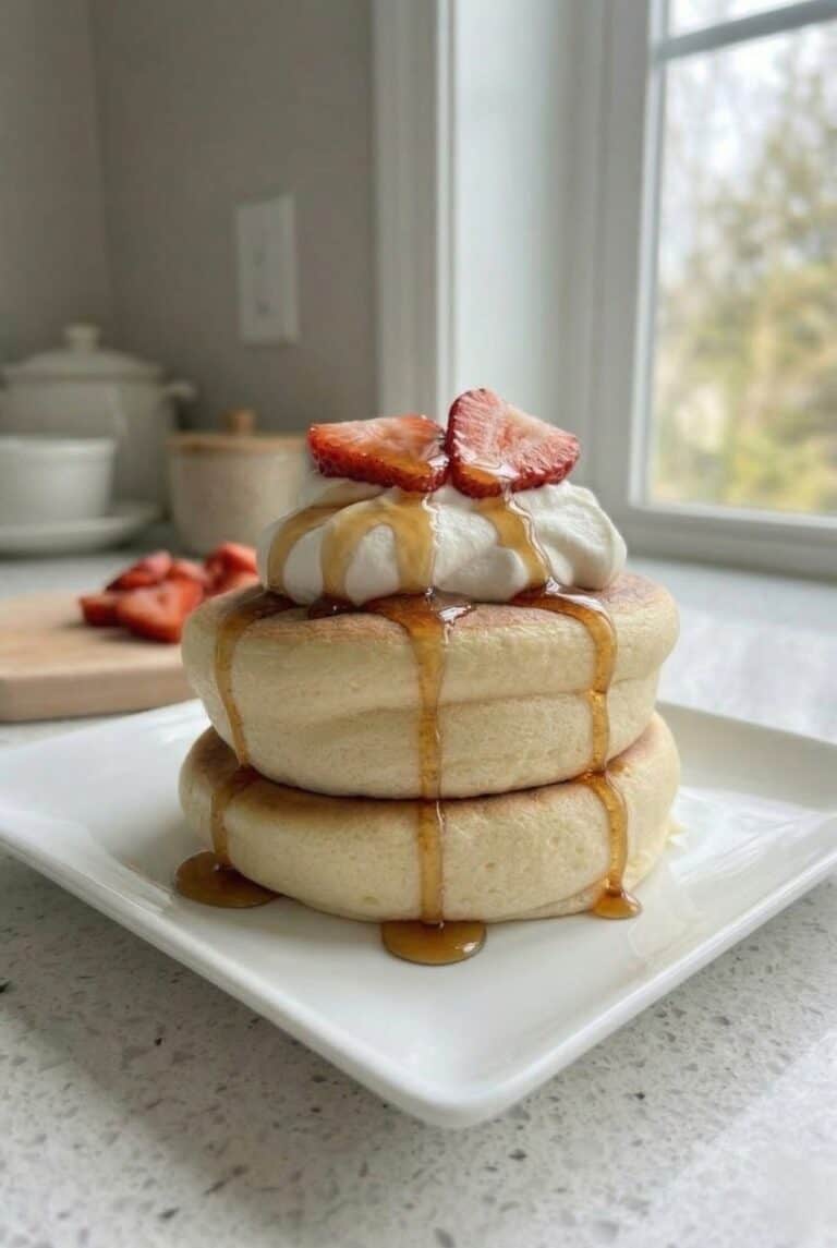 Stack of fluffy Japanese soufflé pancakes topped with whipped cream, syrup, and fresh strawberries, styled as a light and airy brunch recipe.