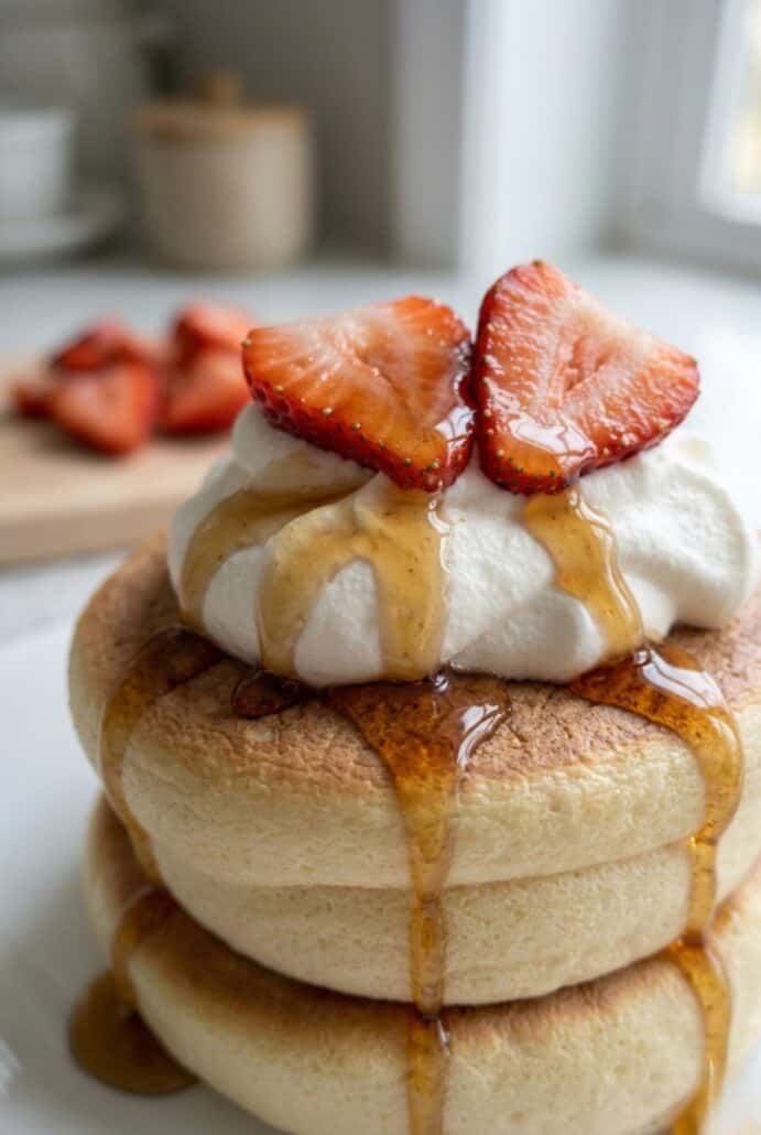 Fluffy Japanese soufflé pancakes topped with whipped cream, syrup, and fresh strawberries, perfect for a light and airy brunch recipe.