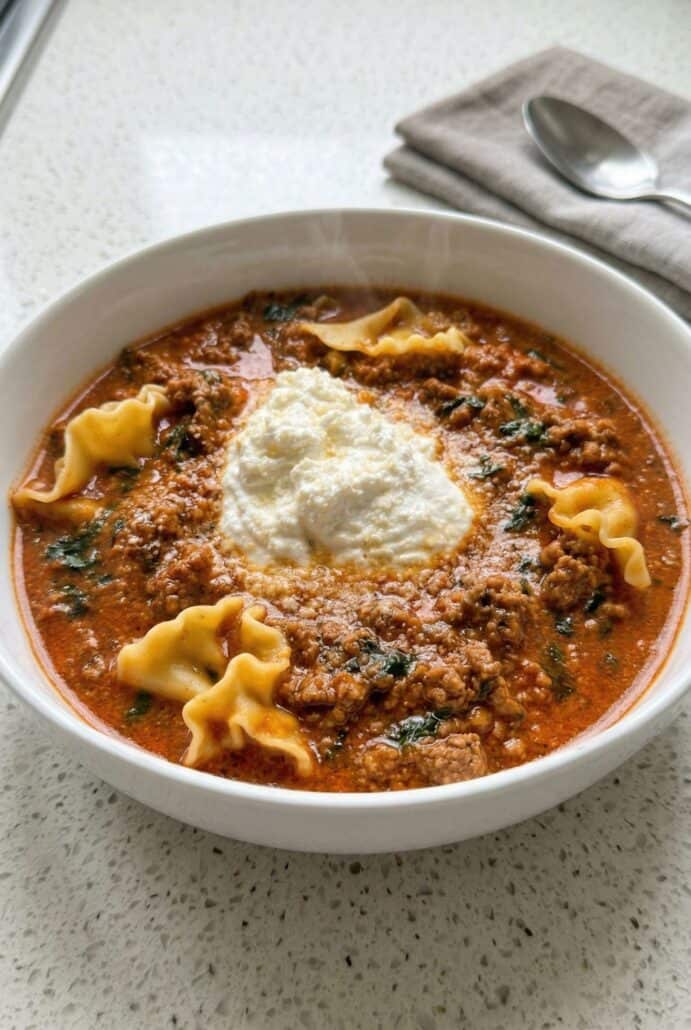 Lasagna soup with ground beef, pasta, and melted cheese topped with ricotta.