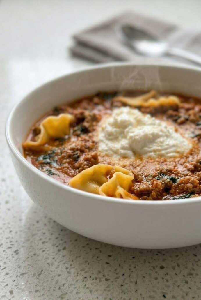 Lasagna soup with pasta, ground beef, and ricotta cheese in a creamy tomato broth.