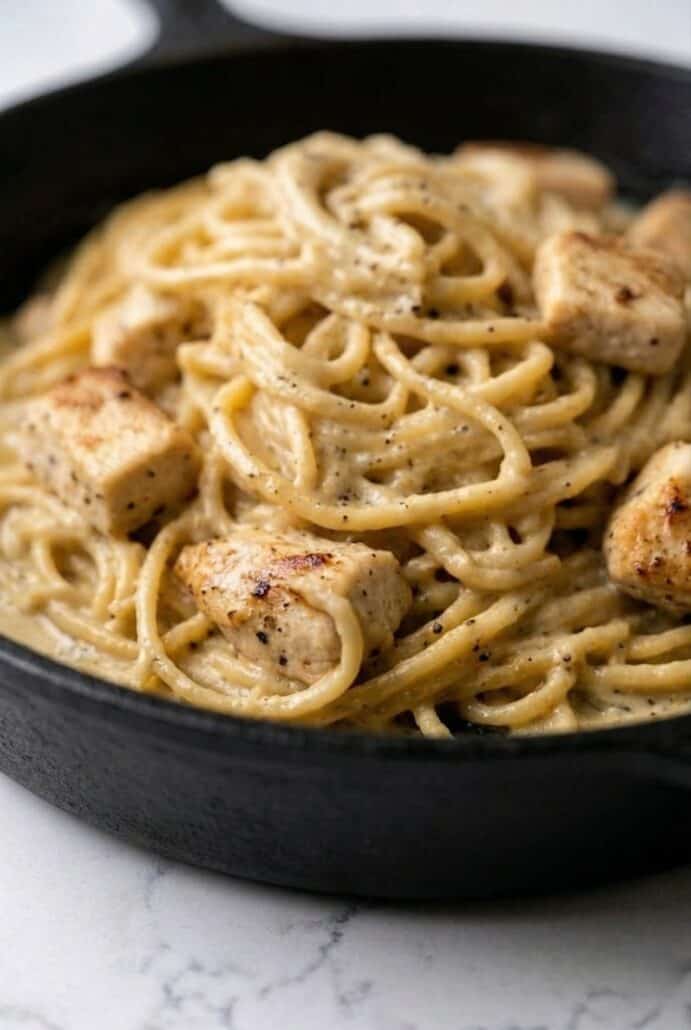 Close-up of creamy lemon chicken pasta with spaghetti coated in a rich garlic Parmesan sauce and tender seasoned chicken pieces.
