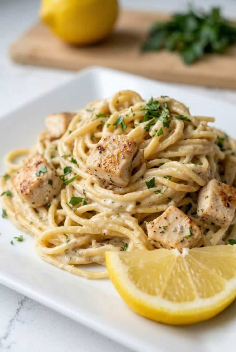 Creamy lemon chicken pasta with spaghetti, tender chicken, and a rich garlic Parmesan sauce served with fresh lemon wedges.