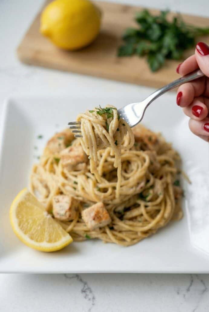 Fork twirling creamy lemon chicken pasta with spaghetti, tender chicken pieces, and fresh lemon slices on a white plate.