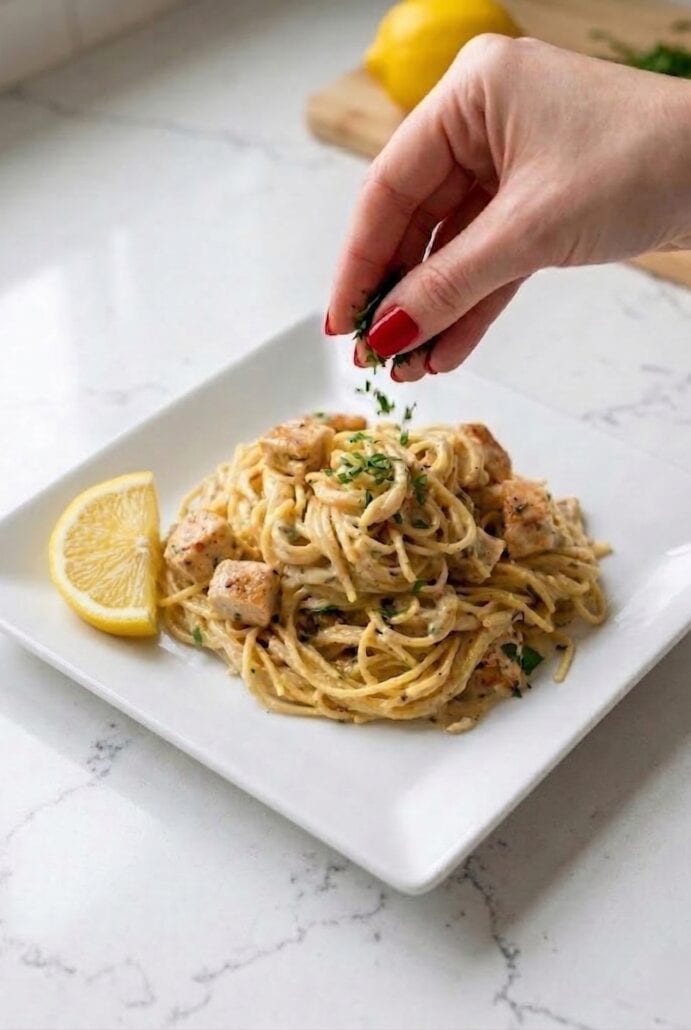 Hand sprinkling herbs over creamy lemon chicken pasta with spaghetti, tender chicken, and fresh lemon slices on a white plate.