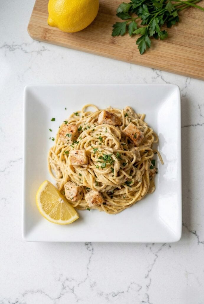 Creamy lemon chicken pasta plated with spaghetti, juicy chicken pieces, and fresh lemon slices for a bright and flavorful dinner presentation.