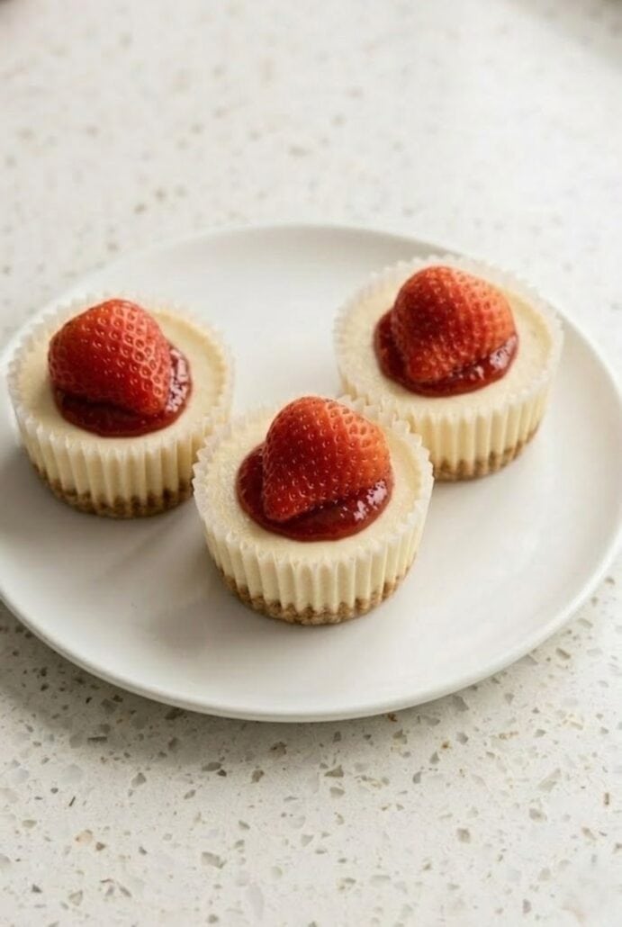 Three mini cheesecakes topped with fresh strawberries and jam, plated and ready to serve.