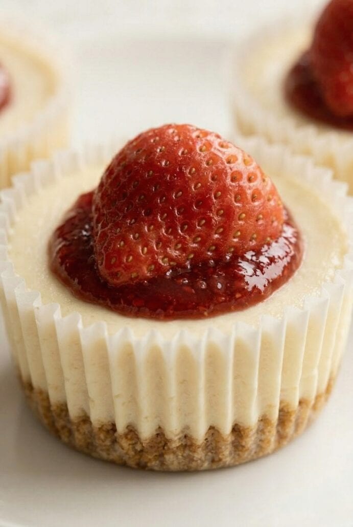 Mini cheesecake topped with fresh strawberry and jam, shown as a serving idea for the mini cheesecakes recipe.
