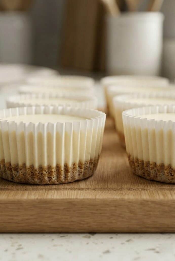 Baked mini cheesecakes in muffin liners with golden biscuit crusts, ready to chill.