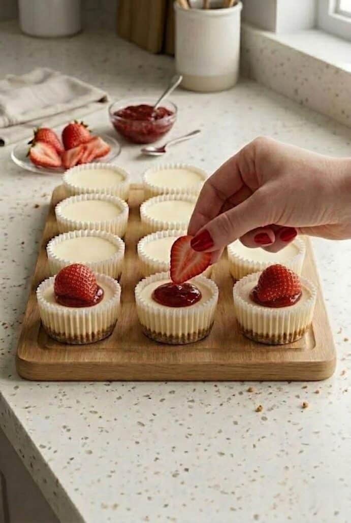 Hand placing fresh strawberry and jam on mini cheesecakes, demonstrating topping step for this easy mini cheesecake recipe.