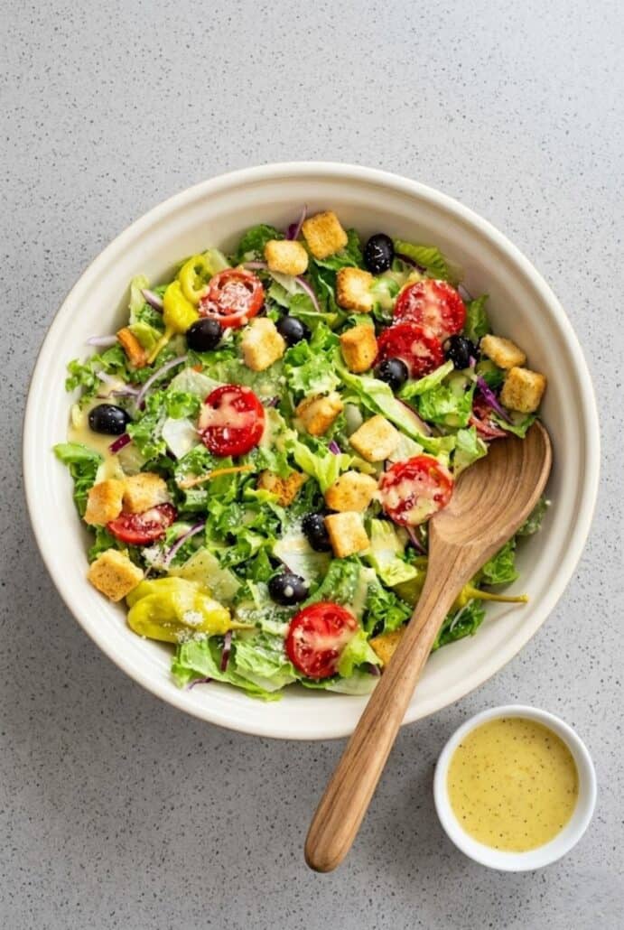 Fresh Olive Garden-style salad with lettuce, tomatoes, olives, and zesty dressing served in a bowl.