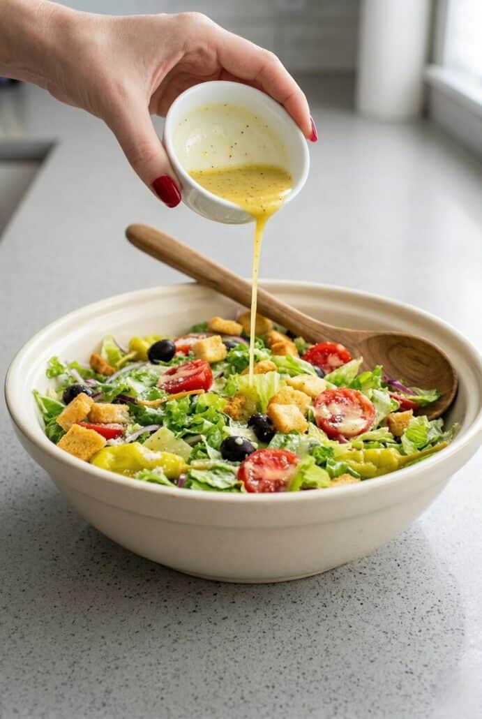 Olive Garden salad being drizzled with homemade Italian dressing, showing fresh lettuce, tomatoes, and olives.