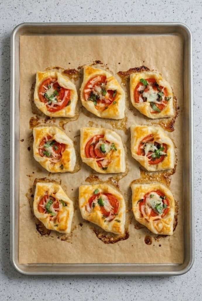 Golden baked pepperoni tomato puff pastry bites on a sheet pan, easy oven appetizer recipe.
