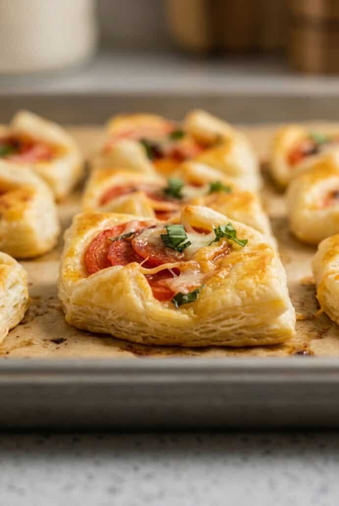 Close-up of flaky pepperoni tomato puff pastry bites fresh from the oven.