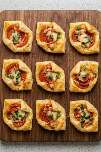 Pepperoni Basil Tomato Puffs Recipe (Easy Party Appetizer) Air fryer pepperoni basil tomato puff pastry bites served on a wooden board.