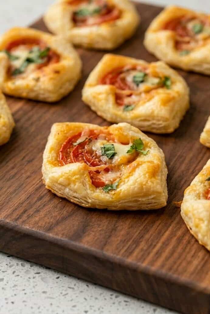 Close-up of golden puff pastry bites with pepperoni, tomato, and basil on a wooden board, perfect easy appetizer for entertaining or brunch.