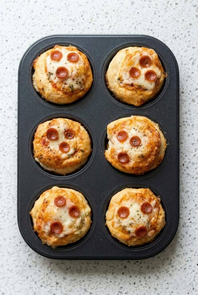 Six mini pizza cupcakes with pepperoni, cheese, and biscuit dough, arranged in a muffin tin ready for serving.
