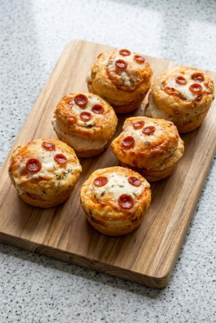 Six mini pizza cupcakes with melted cheese and pepperoni, arranged neatly on a wooden cutting board.