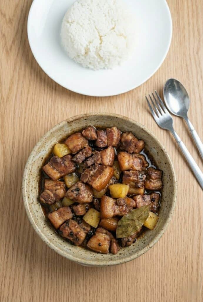 Bowl of Pork Hamonado with tender pork and pineapple, served with rice.