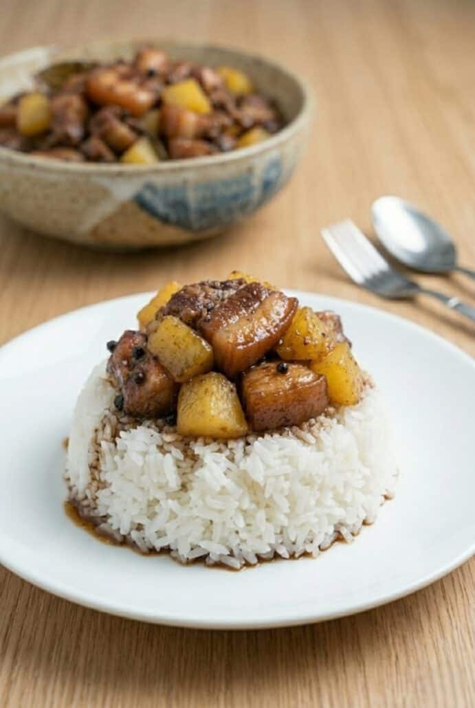 Pork Hamonado served over steamed rice, featuring tender glazed pork and pineapple.