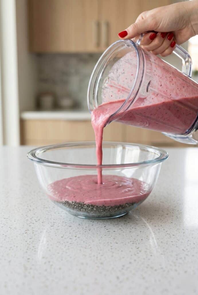Raspberry chia pudding mixture being poured into chia seeds, showing the preparation step for a creamy healthy breakfast recipe.
