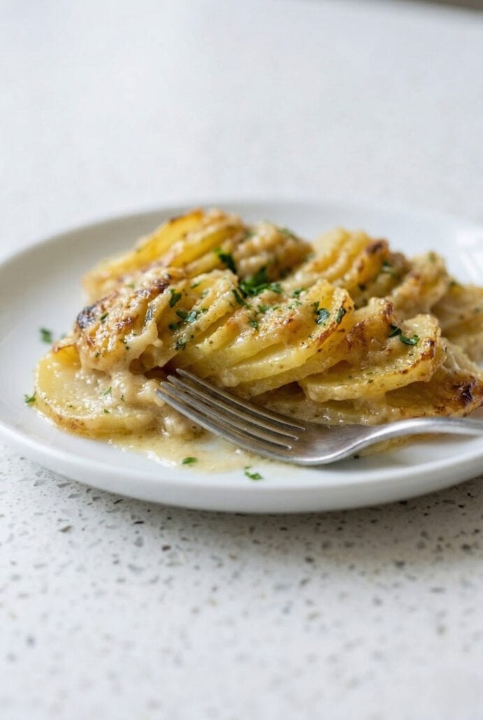 Corner view of a baking dish filled with creamy scalloped potatoes, highlighting the smooth sauce and neatly layered slices before serving.