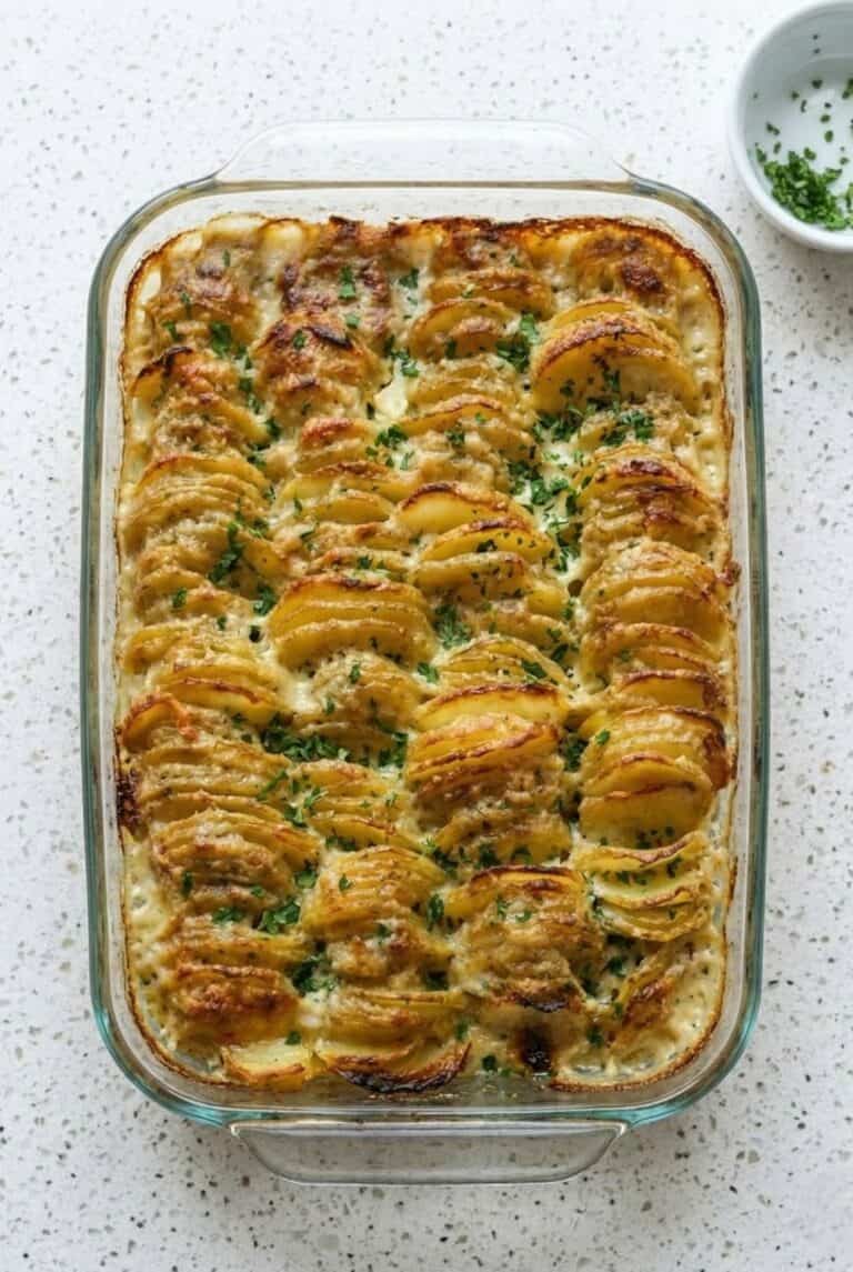 Golden baked scalloped potatoes in a casserole dish with crispy edges and fresh parsley, perfect as a classic creamy side dish.
