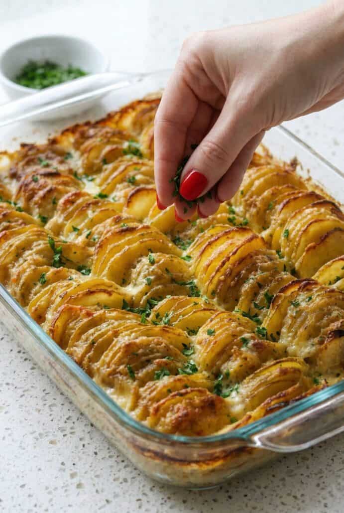 Hand sprinkling fresh parsley over golden baked scalloped potatoes in a casserole dish.