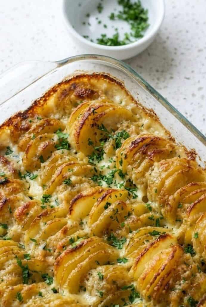Golden, creamy scalloped potatoes baked in a casserole dish with a crispy top.
