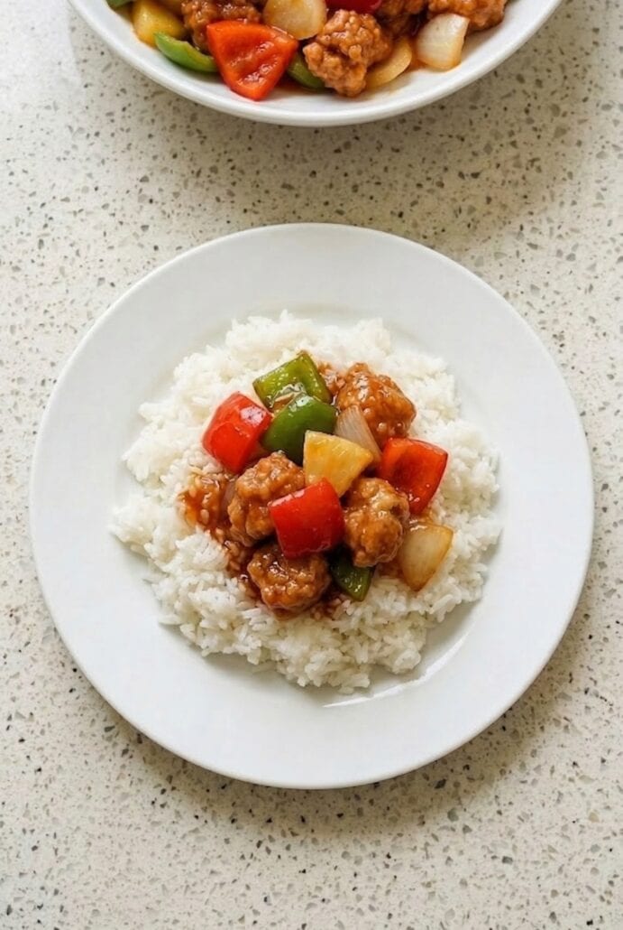 Plated sweet and sour pork over white rice with pineapple and bell peppers.
