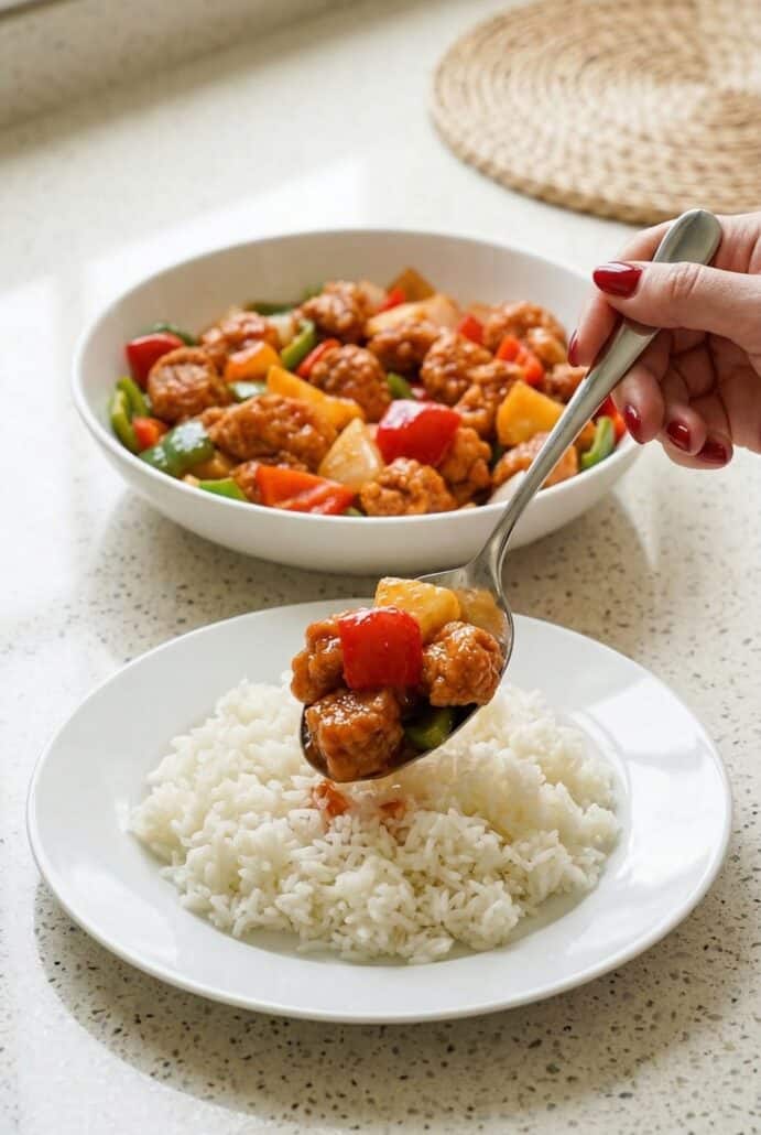 Serving sweet and sour pork over white rice, showing how to plate.