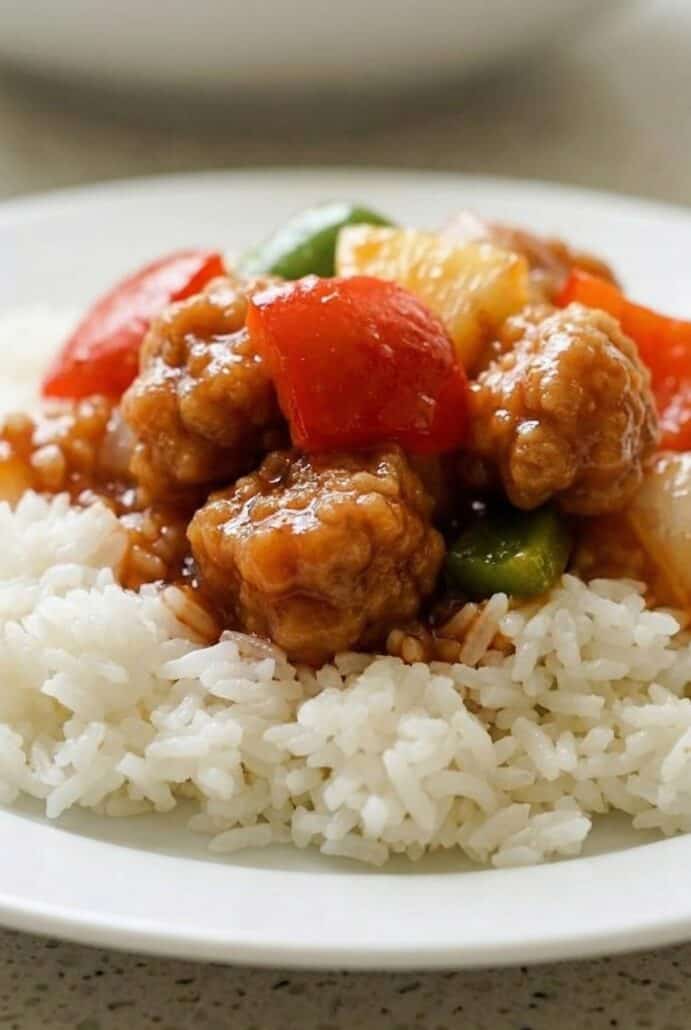 Close-up of crispy sweet and sour pork with bell peppers over white rice, highlighting the saucy texture of this easy homemade dish.