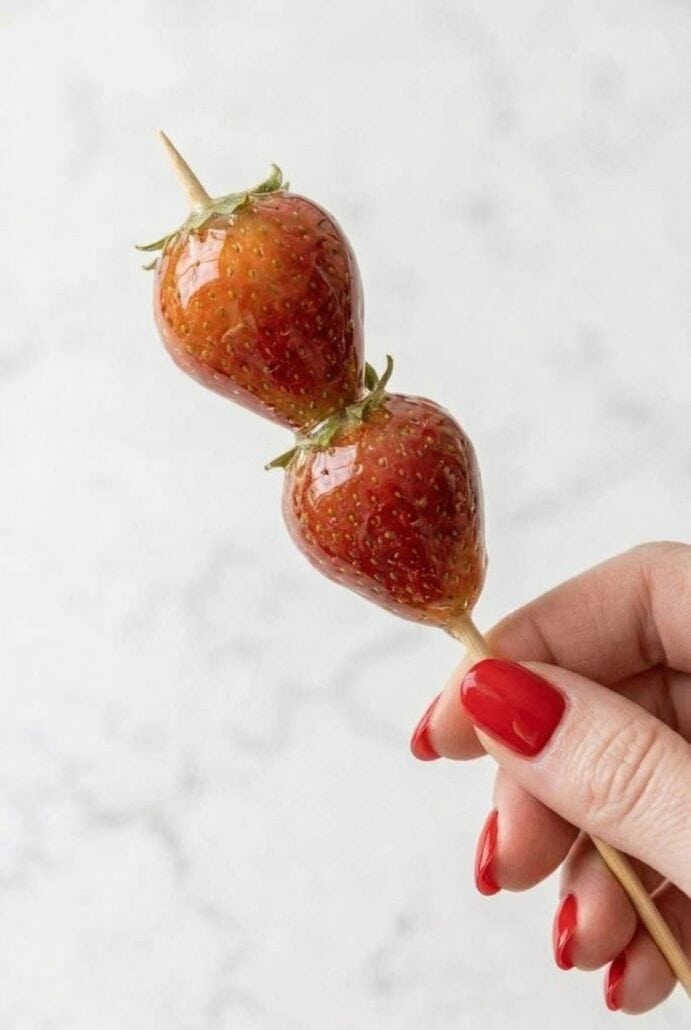 Hand holding a tanghulu skewer with glossy sugar-coated strawberries, showing the crunchy candy shell.