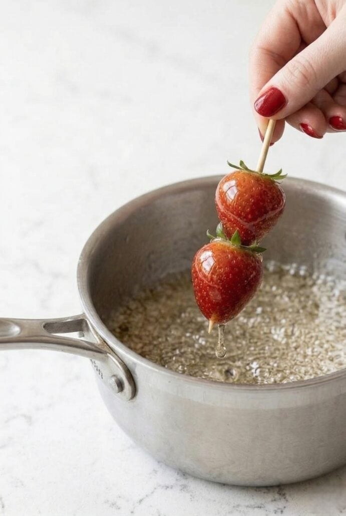 Strawberries being dipped into hot sugar syrup in a saucepan, showing the step-by-step process of making crunchy tanghulu at home.