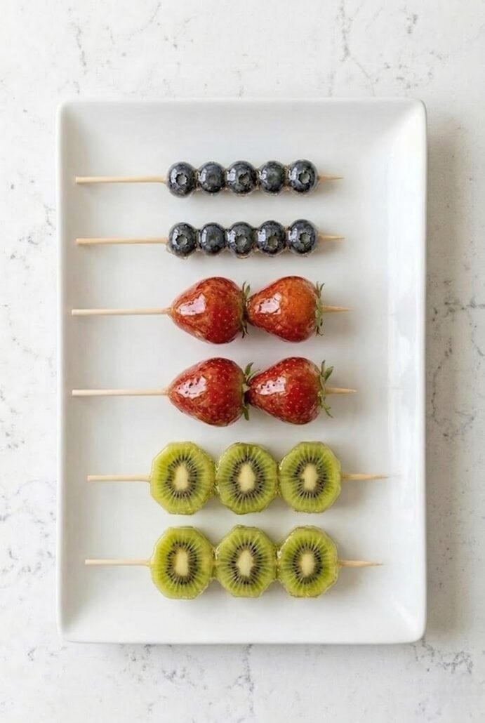 Overhead view of tanghulu skewers with blueberries, strawberries, and kiwi, showing a variety of candied fruit options for this easy homemade recipe.