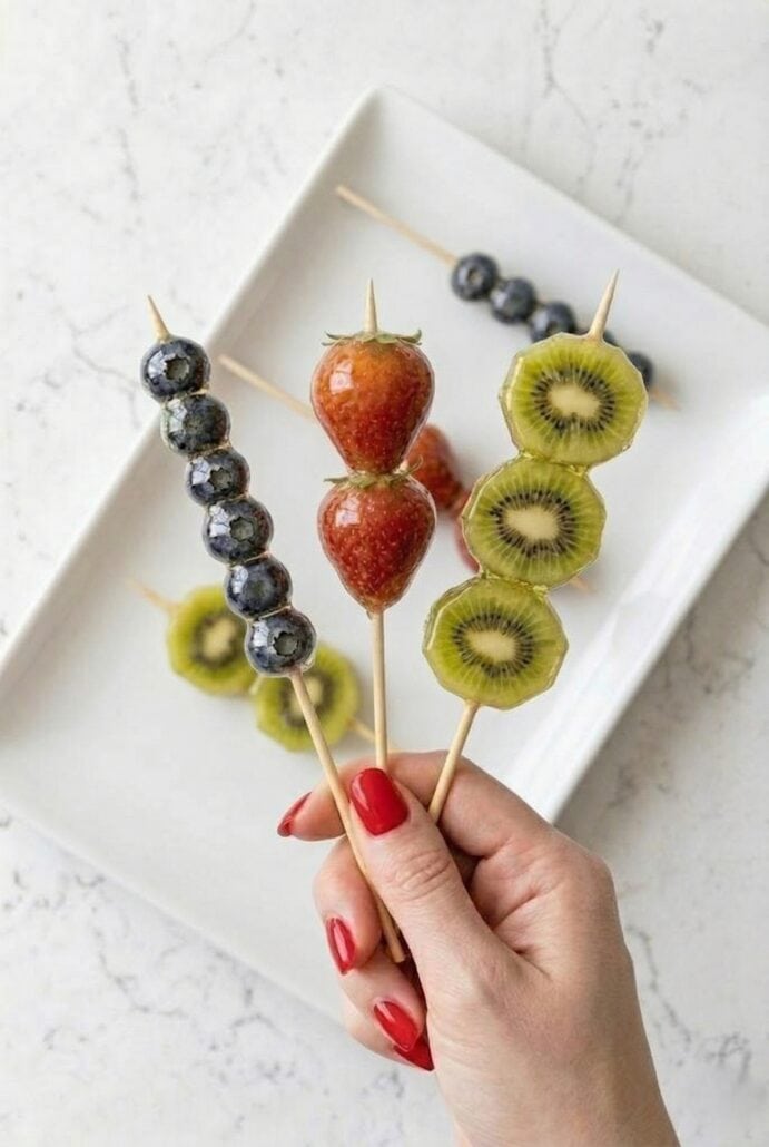 Tanghulu fruit skewers with strawberries, kiwi, and blueberries coated in glossy sugar syrup.