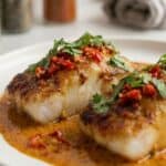 Seared grouper fillets topped with spicy coconut sauce, featured in this tropical seafood recipe.