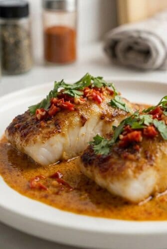 Tropical Grouper Fish in a Rich Spicy Coconut Sauce Seared grouper fillets topped with spicy coconut sauce, featured in this tropical seafood recipe.