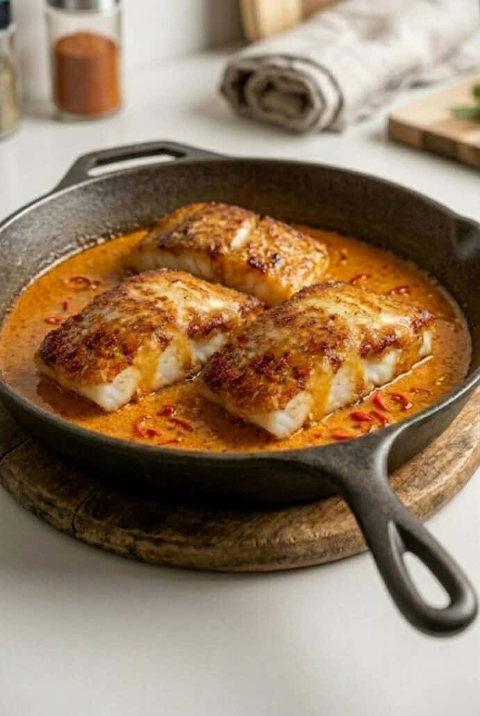 Pan-seared grouper simmering in creamy spicy coconut sauce in a skillet.