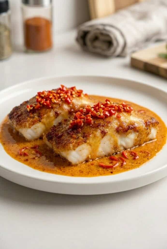 Plated grouper fillets with spicy coconut sauce and chili topping.