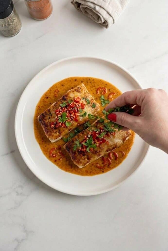Hand sprinkling fresh cilantro over grouper in spicy coconut sauce.