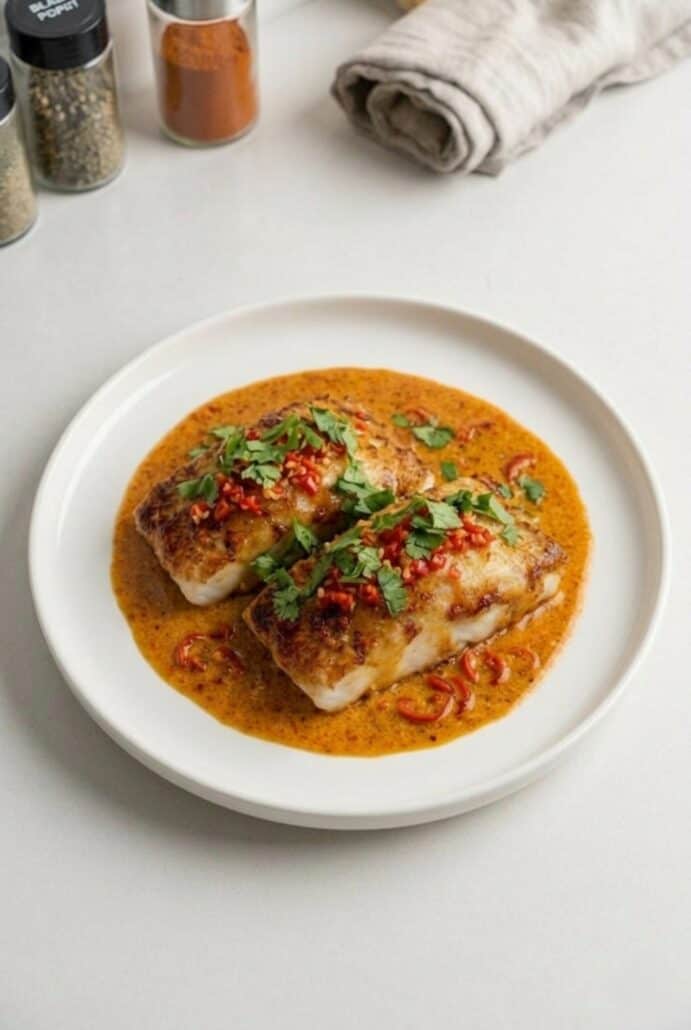 Grouper fillets in creamy spicy coconut sauce garnished with cilantro, featured in this easy tropical seafood dinner recipe.