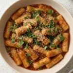 Spicy homemade tteokbokki rice cakes in a rich red sauce, topped with sesame seeds and herbs.