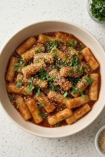 Tteokbokki (Spicy Rice Cakes) Korean Street Food Recipe Spicy homemade tteokbokki rice cakes in a rich red sauce, topped with sesame seeds and herbs.