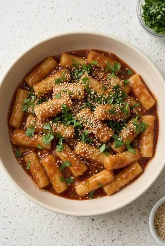 Spicy homemade tteokbokki rice cakes in a rich red sauce, topped with sesame seeds and herbs.