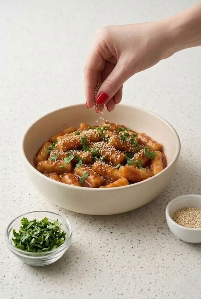 Hand holding a bowl of homemade tteokbokki topped with sesame seeds and herbs.