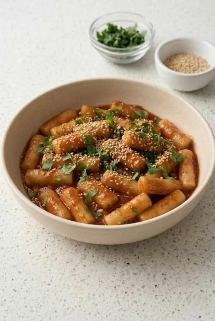 Close-up of saucy tteokbokki topped with sesame seeds and herbs, featured in this easy homemade Korean spicy rice cake recipe.