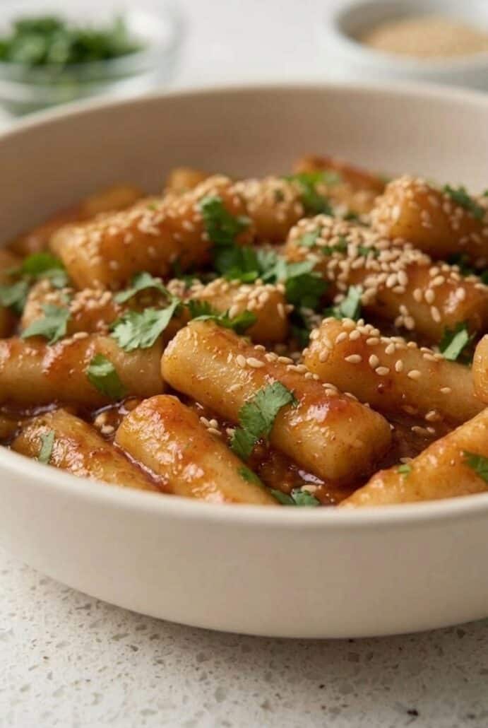 Close-up of glossy, spicy tteokbokki rice cakes garnished with sesame seeds and herbs, highlighting the texture in this easy homemade Korean recipe.