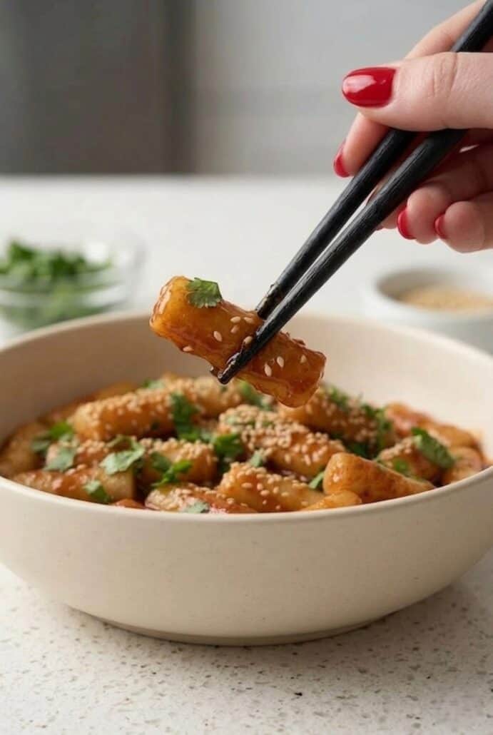 Chopsticks picking up a piece of saucy tteokbokki, showing the chewy texture.