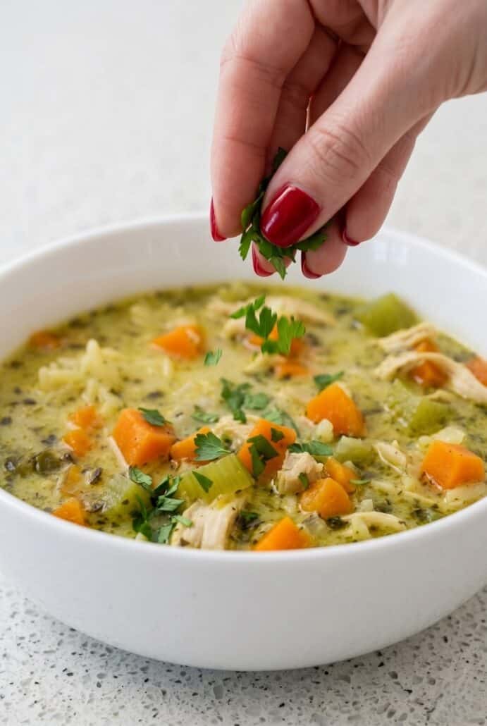 Hand sprinkling fresh parsley over creamy turkey and rice soup, a comforting leftover turkey soup recipe with carrots and rice.